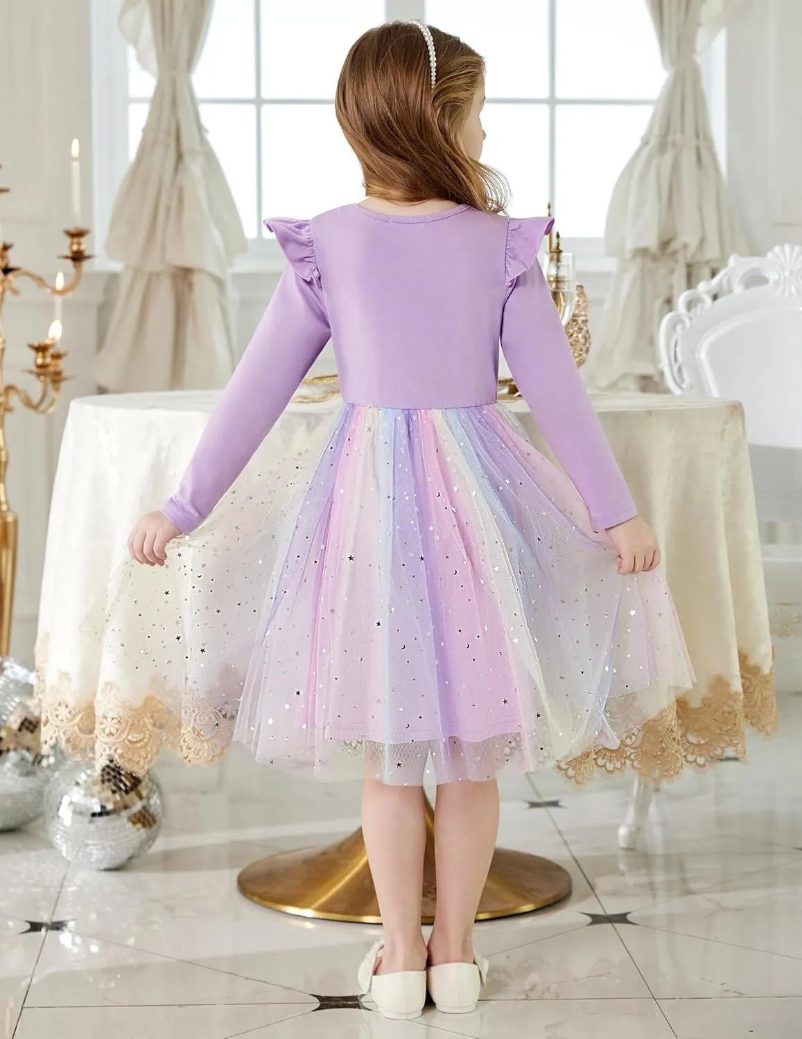 Arshiner Toddler Girls Tutu Dresses Long Sleeve Ruffle Fall Star Sequin Tulle Dress