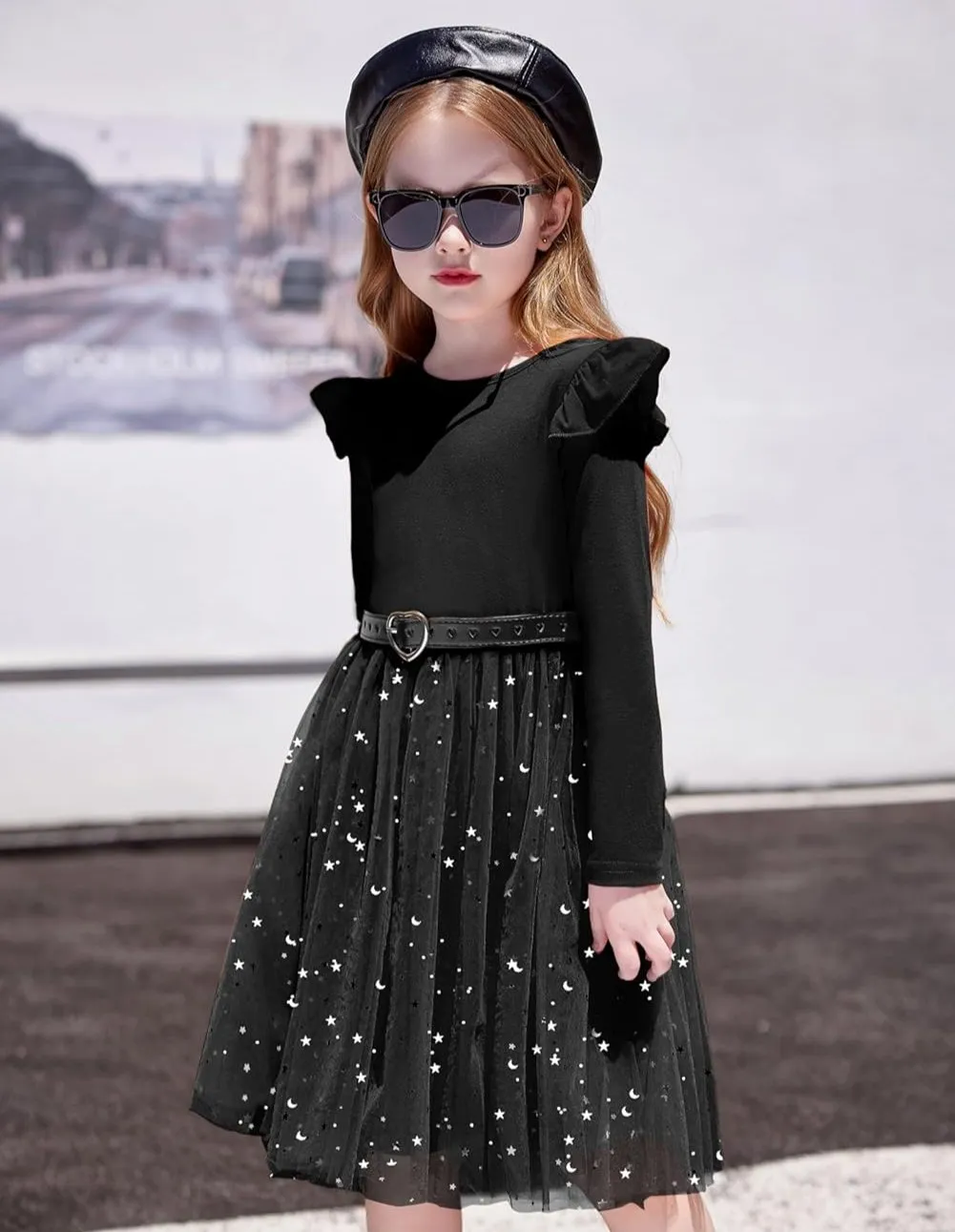 Arshiner Toddler Girls Tutu Dresses Long Sleeve Ruffle Fall Star Sequin Tulle Dress