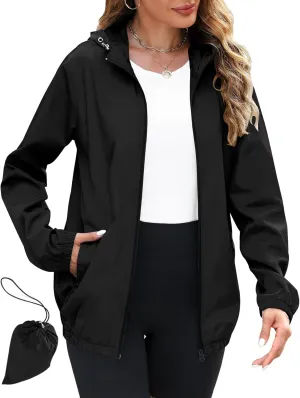 Avoogue Rain Jacket Women Lightweight Waterproof Raincoats Packable Travel Hiking Hooded Windbreaker with Pockets S-XXL
