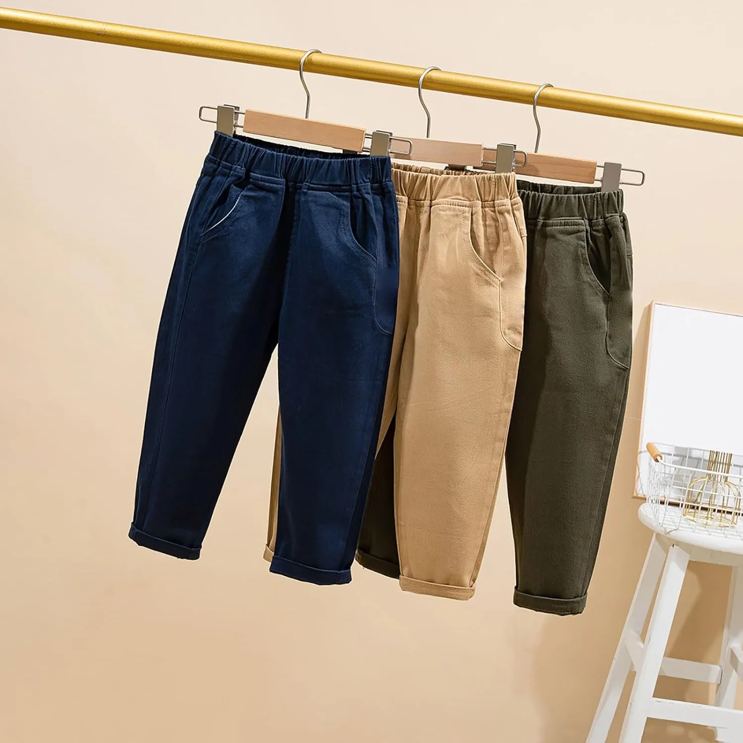 Baby Boys' and Toddler Chino Pants Elastic Waist School Pants Boys Uniform Pants Solid Color Casual Trousers