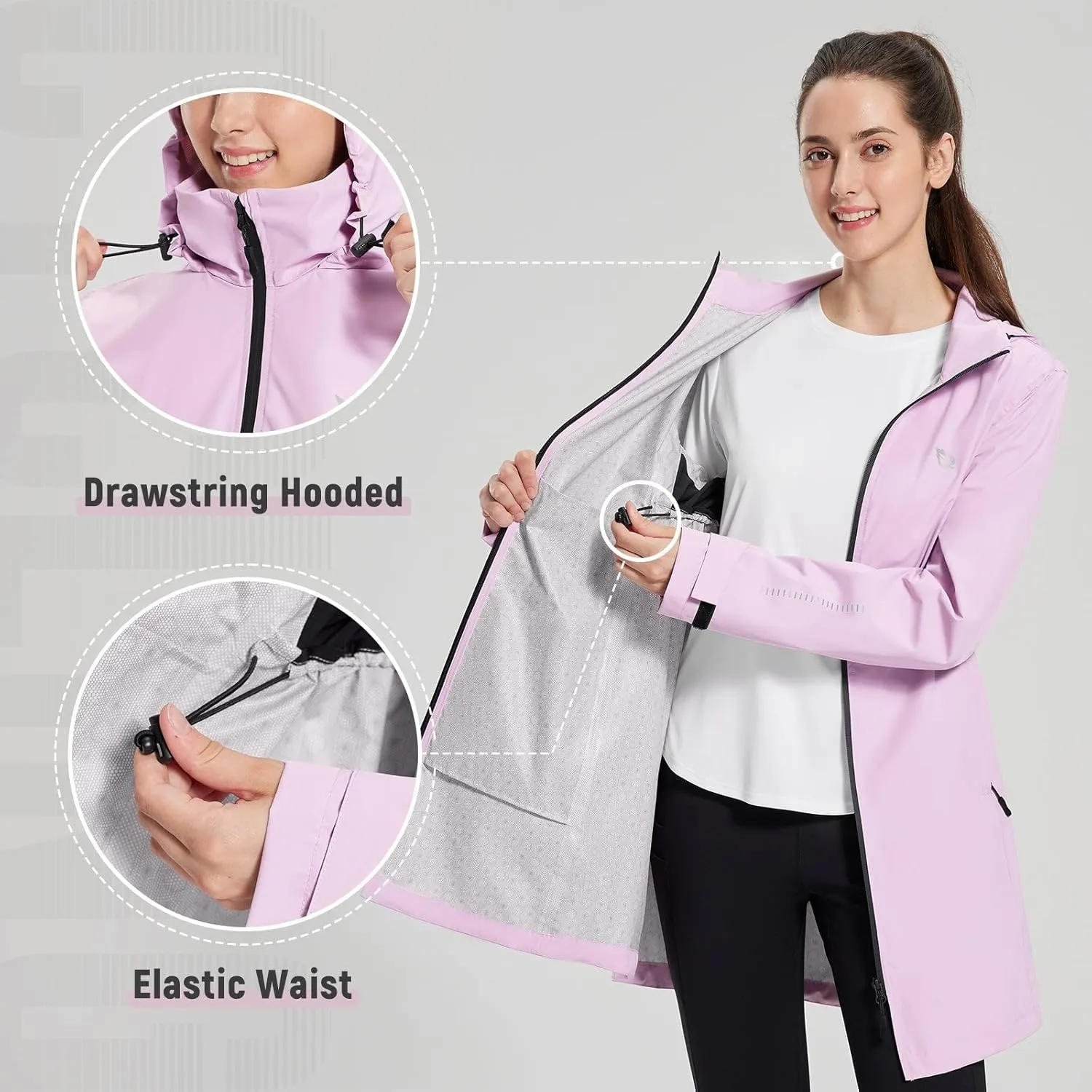 baleaf Women's Long Rain Coat Packable Waterproof Windbreaker Lightweight Cycling Jacket with Hood