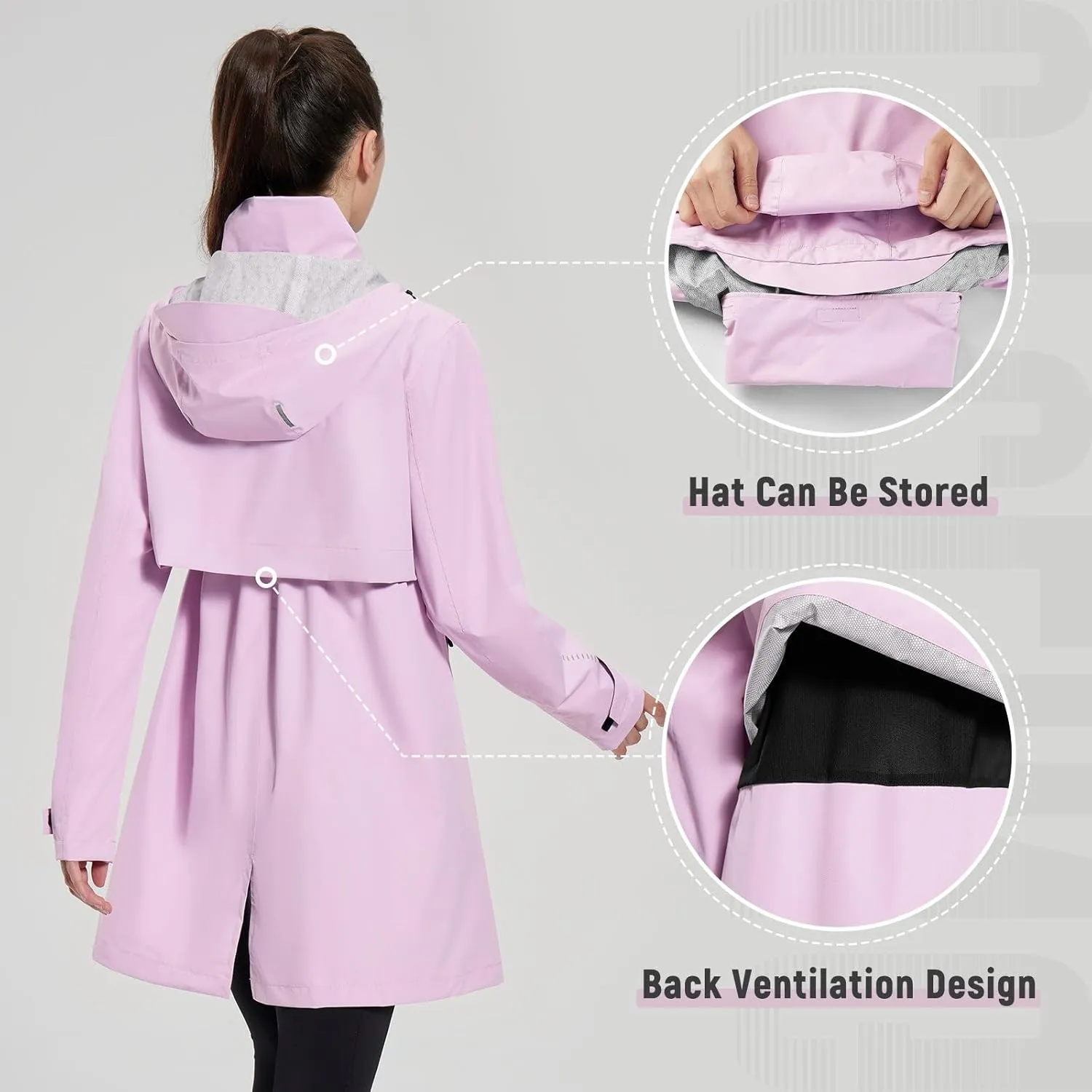 baleaf Women's Long Rain Coat Packable Waterproof Windbreaker Lightweight Cycling Jacket with Hood