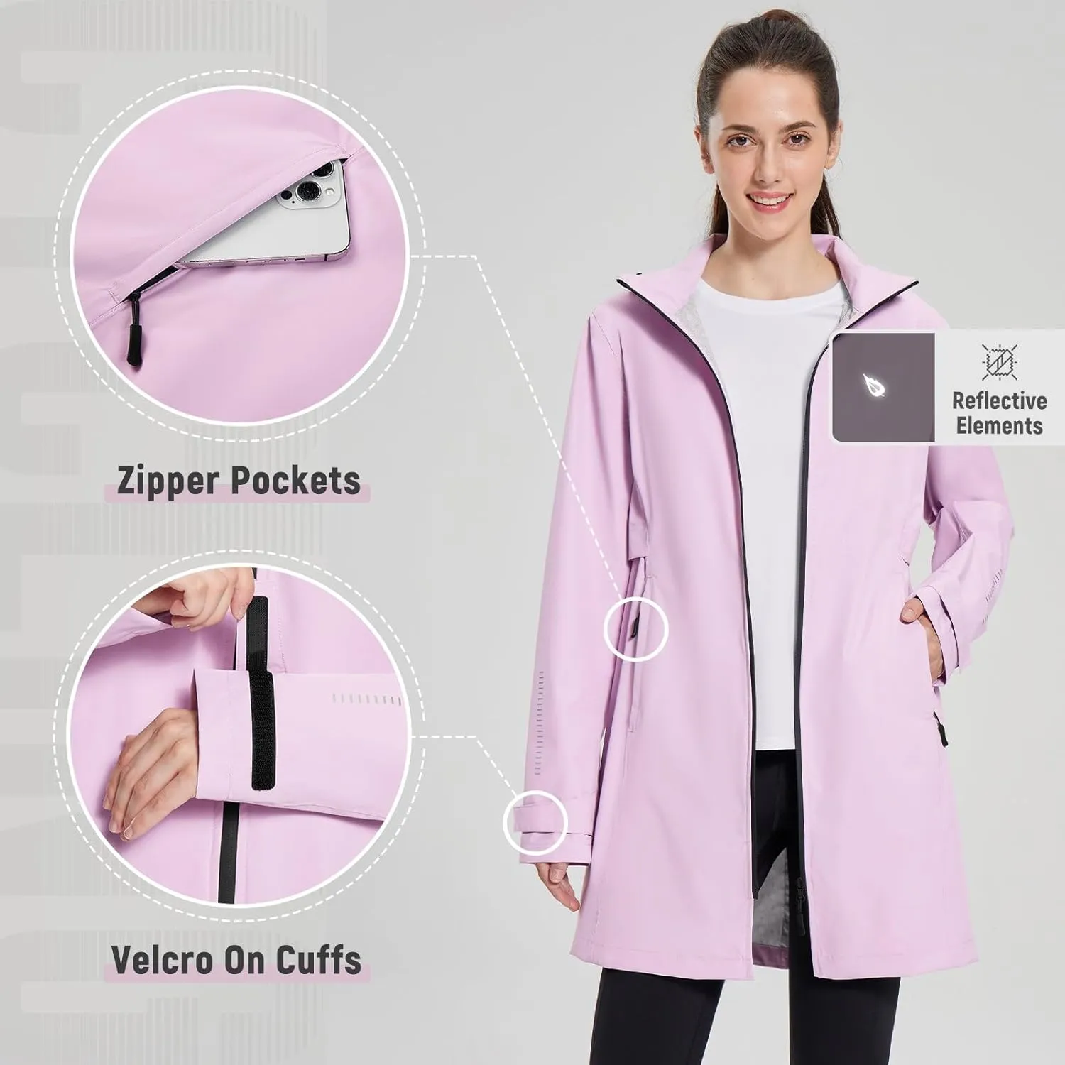 baleaf Women's Long Rain Coat Packable Waterproof Windbreaker Lightweight Cycling Jacket with Hood