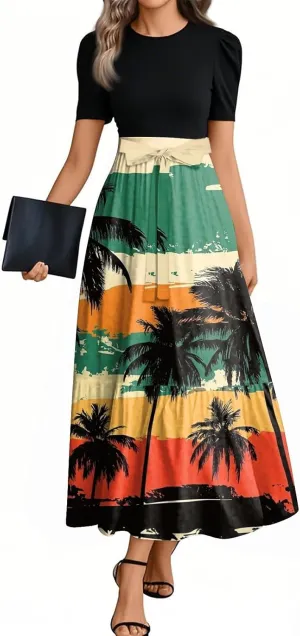 Beach Boho Dresses for Women, 2025 Floral Print Maxi Jumpsuits for Women Spring Bow Crew Neck Womens Romper