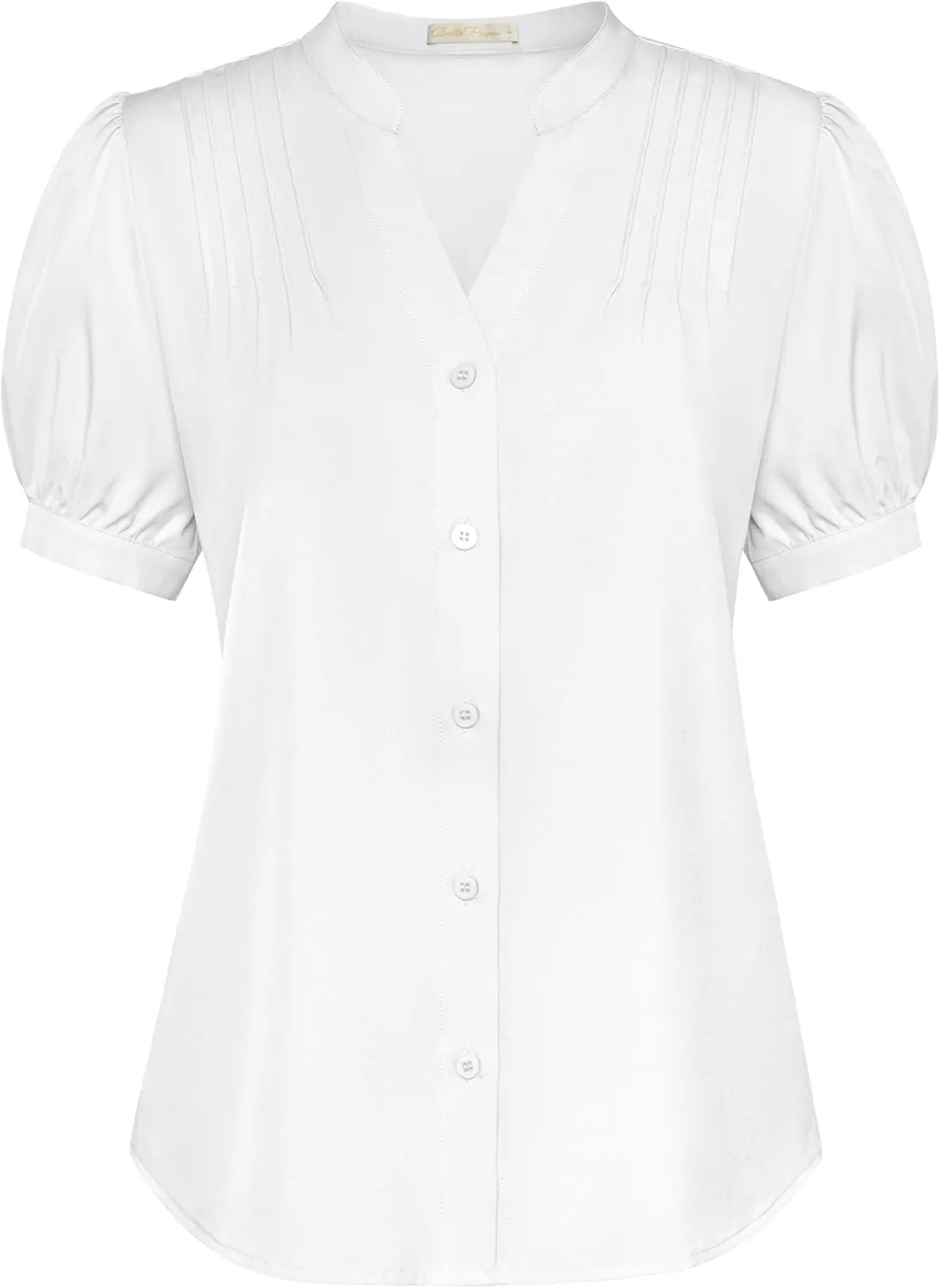 Belle Poque Womens Button Down Short Sleeve Blouses V Neck Pleated Dress Shirts Ladies Dressy Blouses Summer Casual