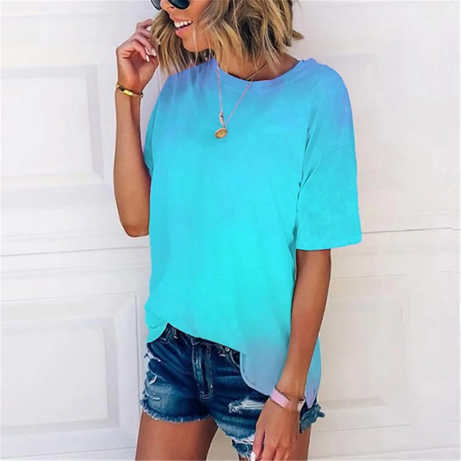 Binmer 2024 Summer Tie Dye Shirts for Womens Plus Size Short Sleeve Tops Fashion Gradient Graphic Tee Club Party Blouse S-5XL