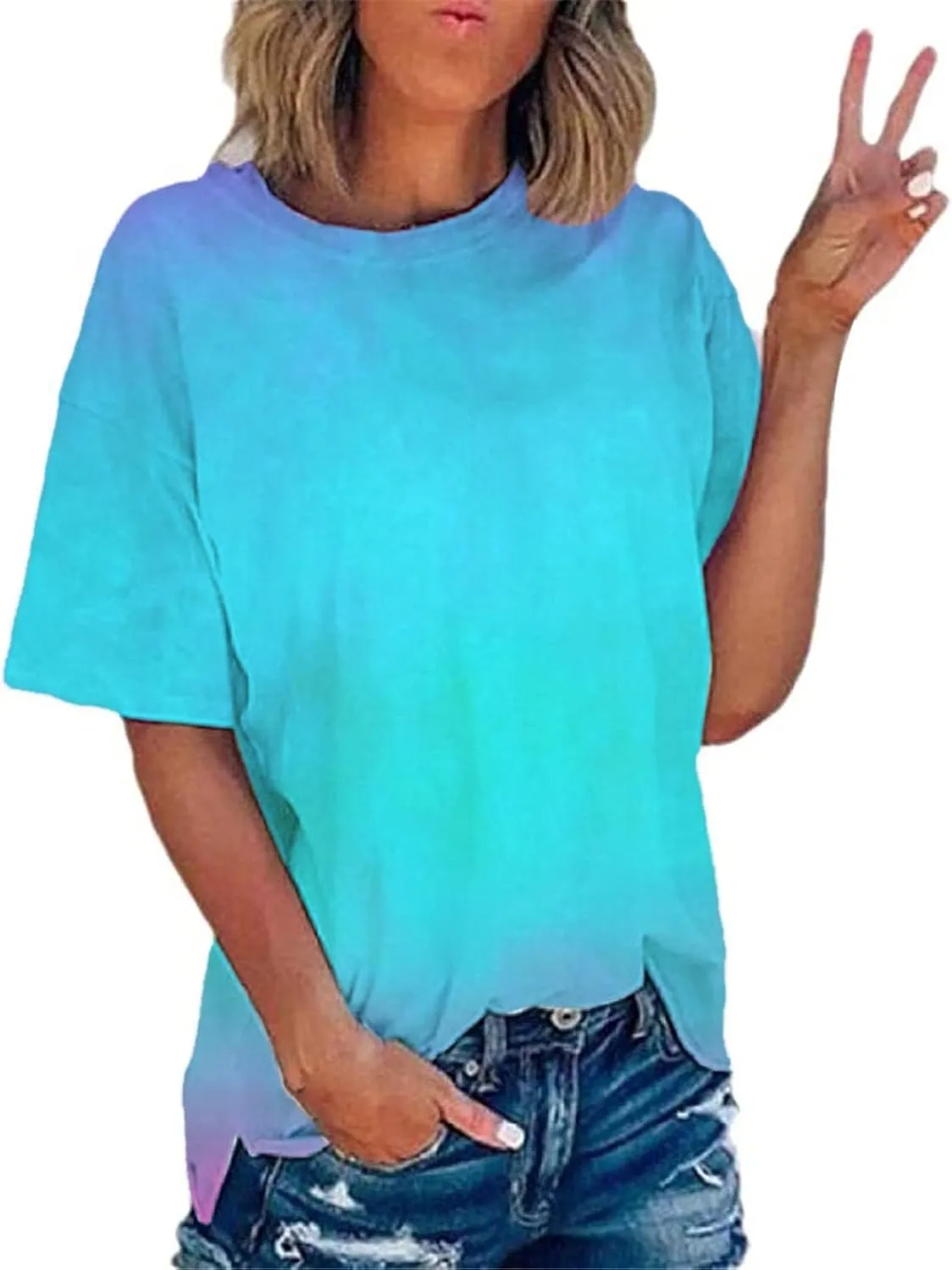 Binmer 2024 Summer Tie Dye Shirts for Womens Plus Size Short Sleeve Tops Fashion Gradient Graphic Tee Club Party Blouse S-5XL