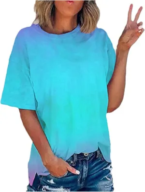 Binmer 2024 Summer Tie Dye Shirts for Womens Plus Size Short Sleeve Tops Fashion Gradient Graphic Tee Club Party Blouse S-5XL
