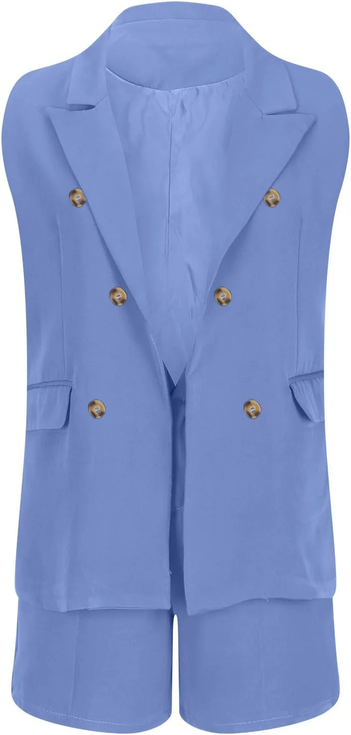 Binmer Women's Casual Sleeveless Blazer Vest Shorts Sets Double Breasted V Neck Office 2 Piece Lounge Matching Outfits Sets