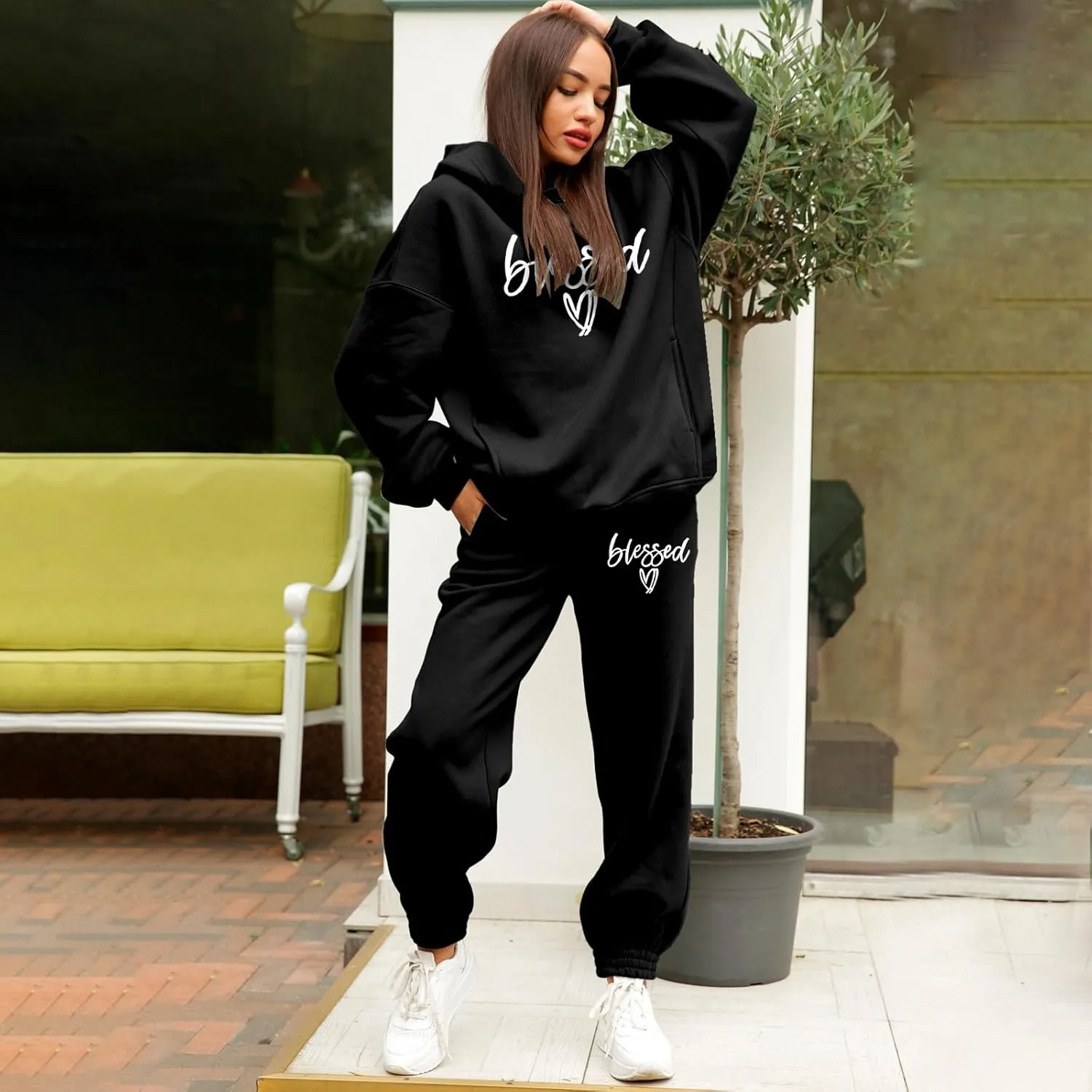 Blessed Heart Women Sweatsuit Casual Long Sleeve 2Pcs Outfits Hoodie Sweatsuits and Jogger Pants Athletic Clothing Set