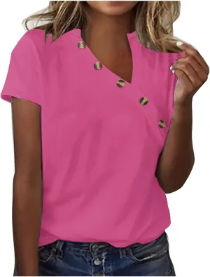 Blouses for Women Business Casual Short Sleeve V Neck Buttons Shirts Summer Slim Fit Solid Tunic Tops Trendy Clothes