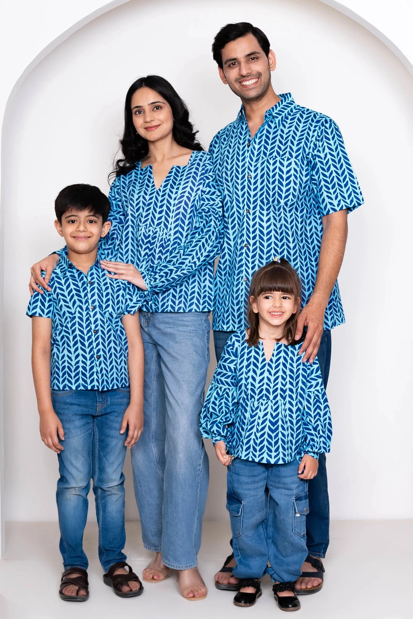 Blue Leaf Printed Family Sets with Matching Tops & shirts