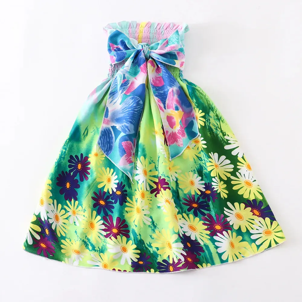 Bohemian Style Kids Girls Floral Sling Ruffles Beach Dresses