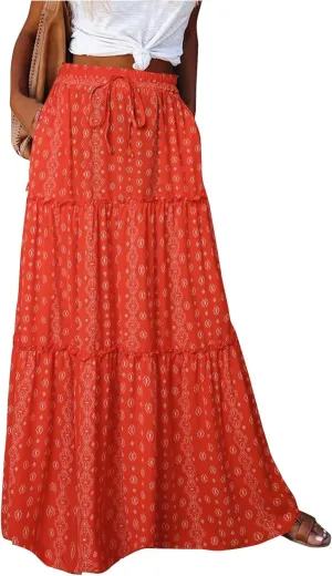 Boho Skirts for Women Trendy Floral Maxi Skirt Casual Elastic High Waisted Tiered Flowy Skirt Long Ruffle Skirt