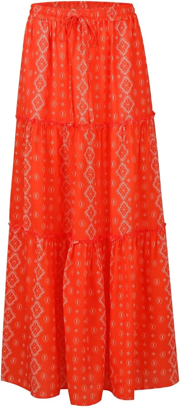 Boho Skirts for Women Trendy Floral Maxi Skirt Casual Elastic High Waisted Tiered Flowy Skirt Long Ruffle Skirt