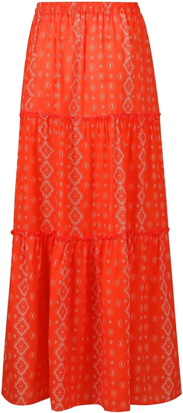 Boho Skirts for Women Trendy Floral Maxi Skirt Casual Elastic High Waisted Tiered Flowy Skirt Long Ruffle Skirt