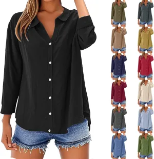 Breathable Linen Button-Up Top - Women's Soft Short Sleeve Blouse, Lightweight, Sheer-Resistant