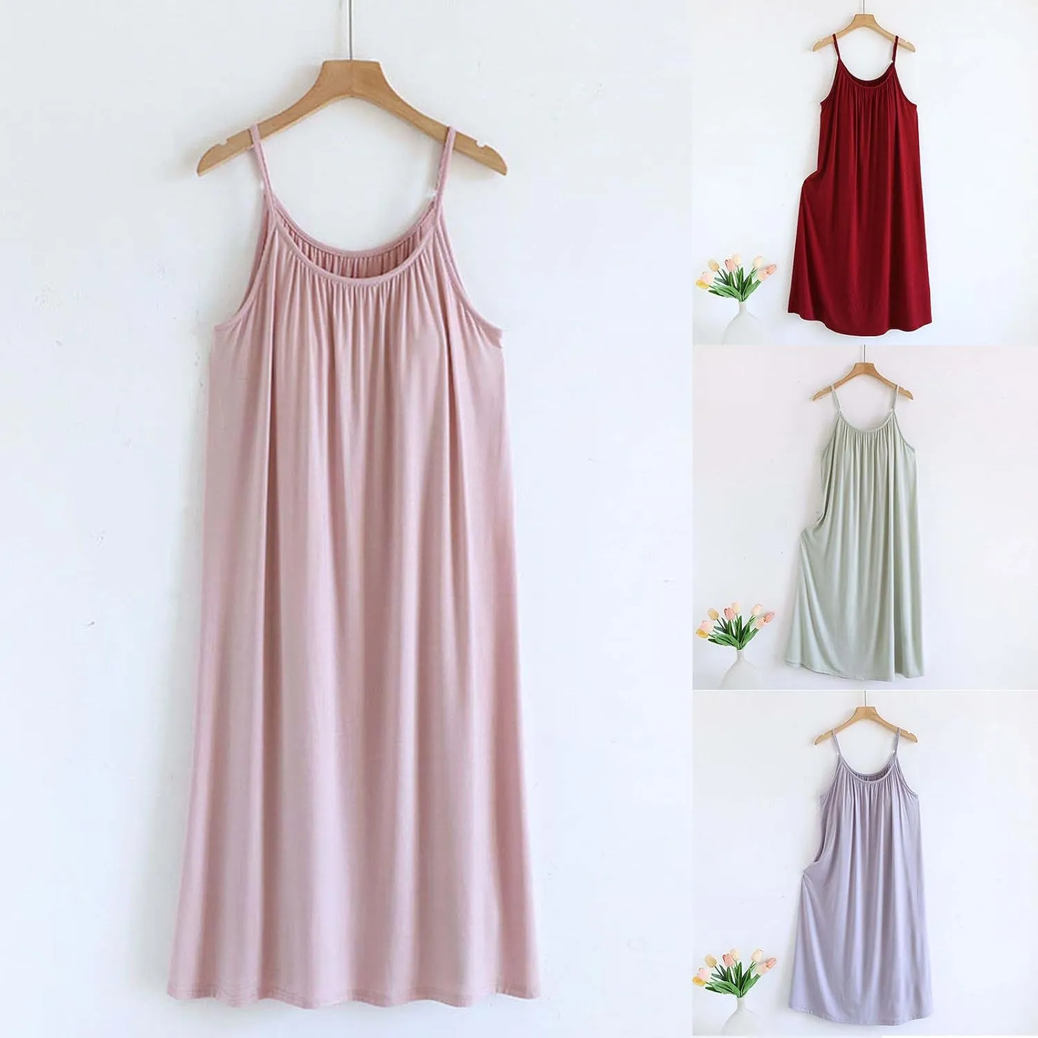 Built-in Bra Cami Nightgown for Women Soft Modal Camisole Sleepwear Loose Summer Spaghetti Strap Sleeveless Nightdress