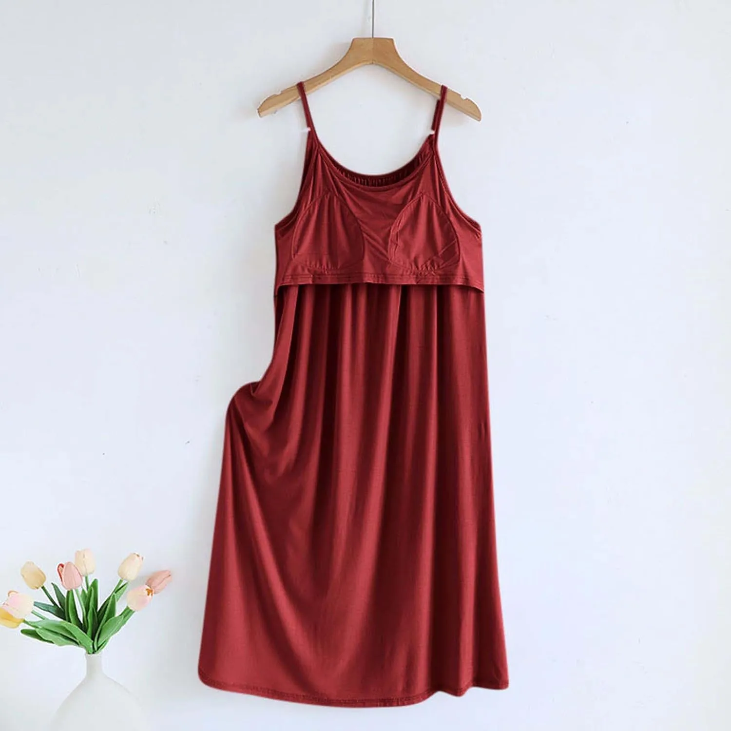 Built-in Bra Cami Nightgown for Women Soft Modal Camisole Sleepwear Loose Summer Spaghetti Strap Sleeveless Nightdress