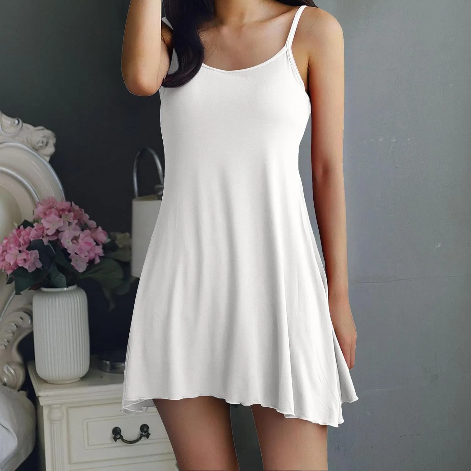 Built-in Bra Cami Nightgown for Women Soft Modal Camisole Sleepwear Summer Adjustable Spaghetti Strap Sleeveless Nightdress