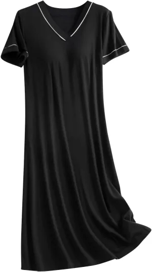 Bulit-in-Bra Nightgowns for Women Loose V Neck Nightshirt Short Sleeve Soft Modal Sleepwear 2025 Summer Pajamas Dress