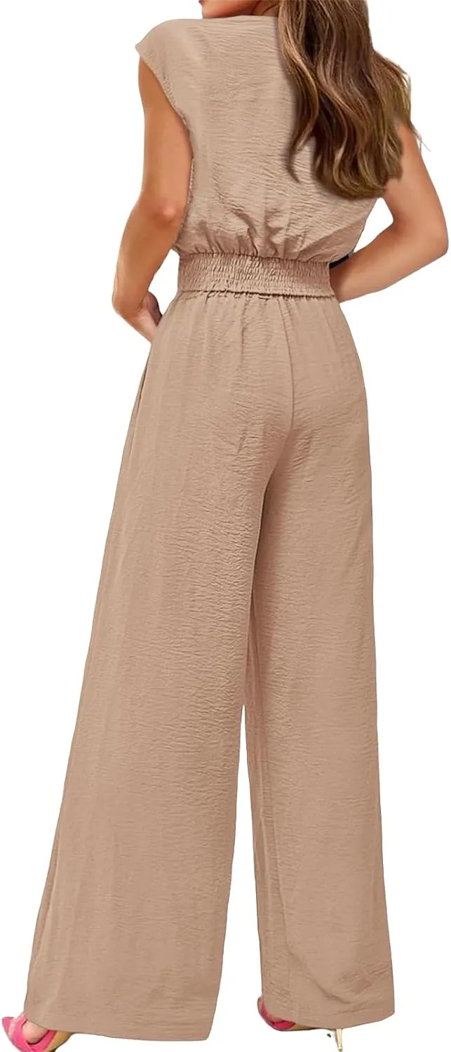 Business Casual Outfits for Women 2 Piece Sets Casual Cap Sleeve V Neck Belted Crop Tops Wide Leg Pant Sets