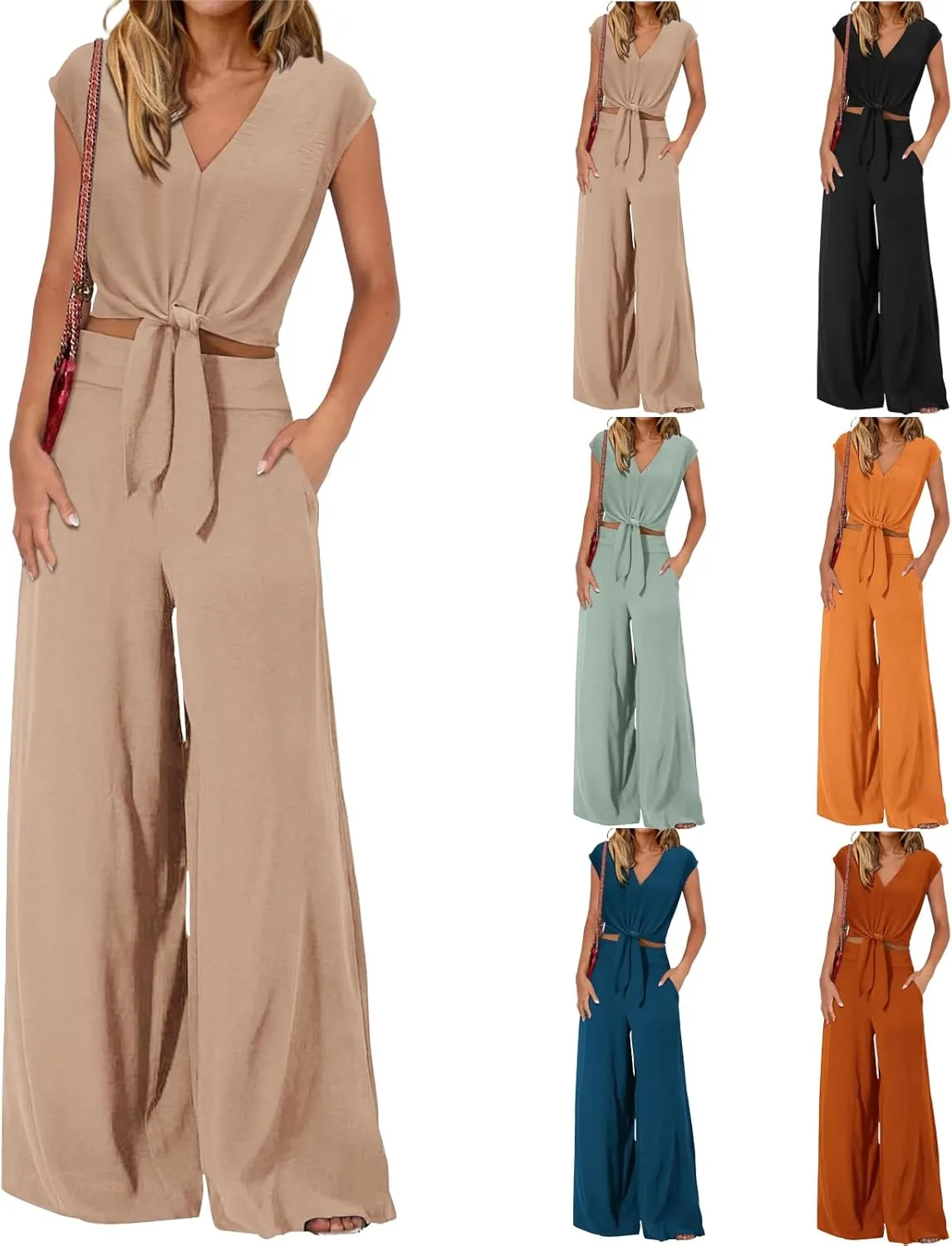 Business Casual Outfits for Women 2 Piece Sets Casual Cap Sleeve V Neck Belted Crop Tops Wide Leg Pant Sets