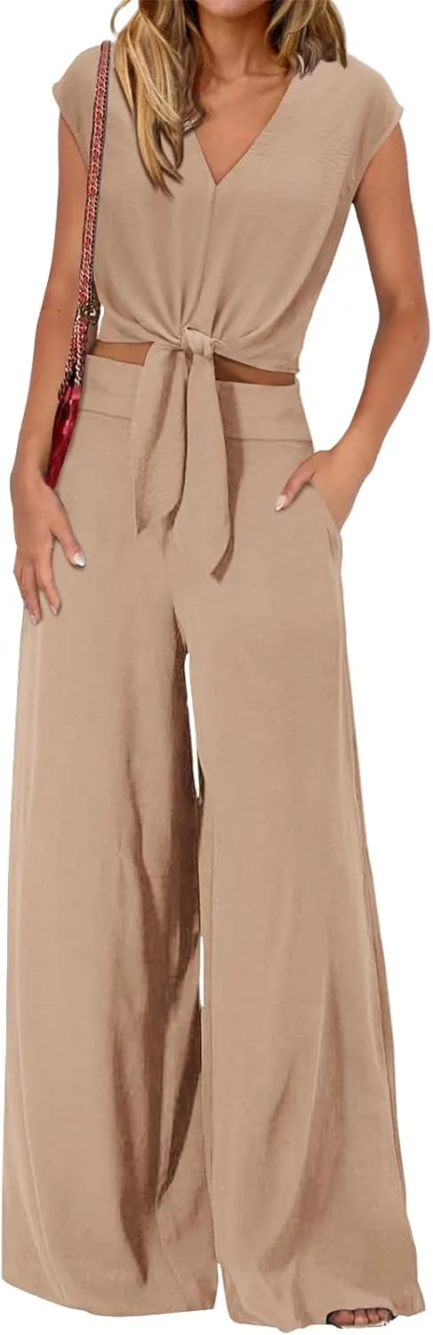 Business Casual Outfits for Women 2 Piece Sets Casual Cap Sleeve V Neck Belted Crop Tops Wide Leg Pant Sets