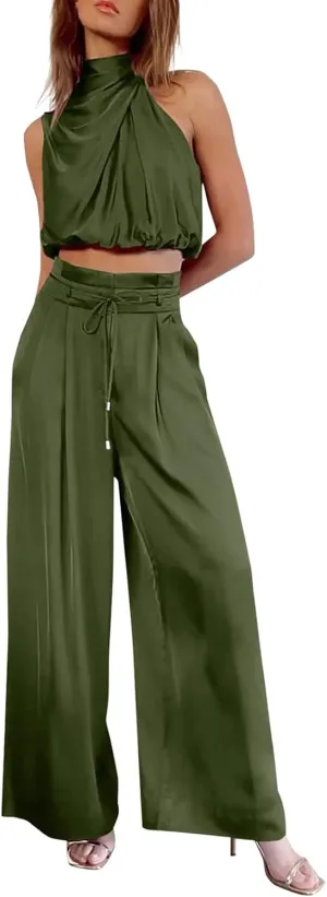 Business Casual Outfits Women Summer 2 Piece Set Casual Sleeveless Turtleneck Cropped Vest Ruffled Wide Leg Pants Suit
