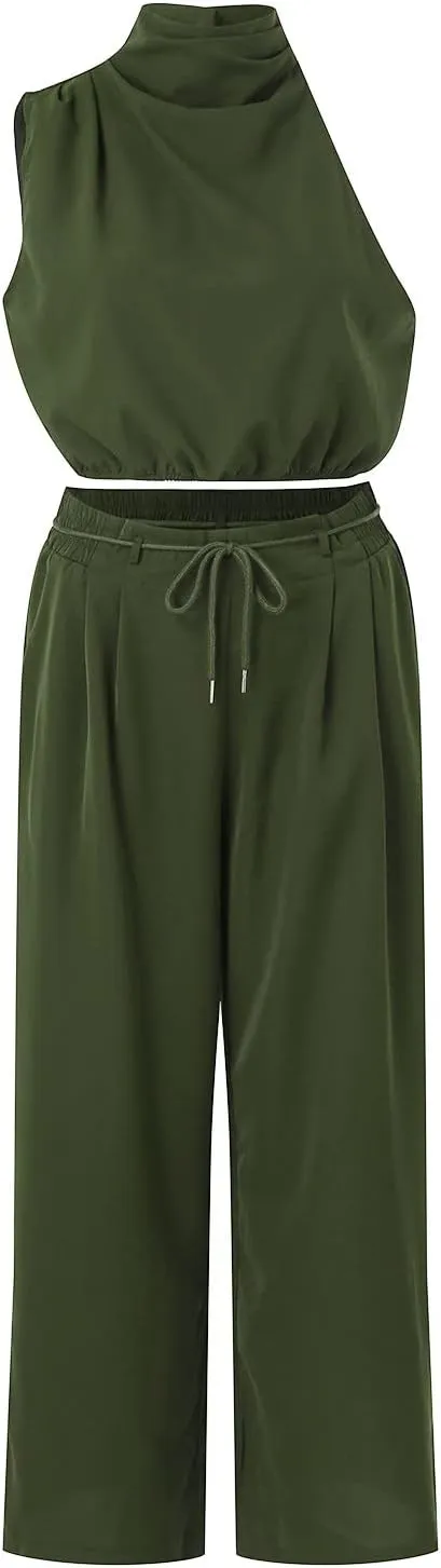 Business Casual Outfits Women Summer 2 Piece Set Casual Sleeveless Turtleneck Cropped Vest Ruffled Wide Leg Pants Suit