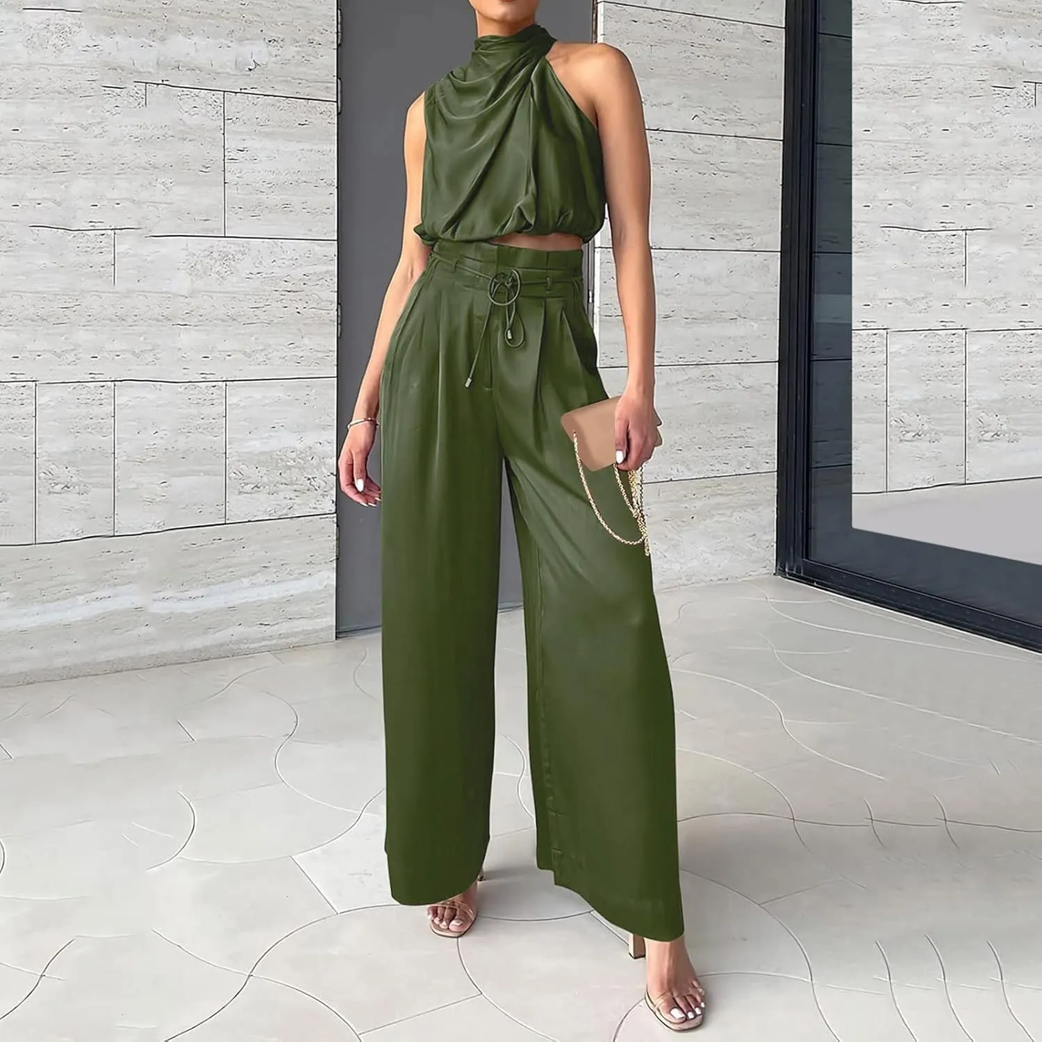 Business Casual Outfits Women Summer 2 Piece Set Casual Sleeveless Turtleneck Cropped Vest Ruffled Wide Leg Pants Suit