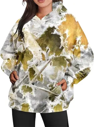 Camo Hoodie Womens Trendy Maple Leaf Print Oversized Pullover Hooded Sweatshirts with Kangaroo Pocket Tops