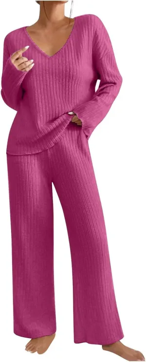 Canbebig 2 Piece Sets for Women Fall Knit Sweat Sets V Neck Tops and Wide Leg Pants Sets Matching Lounge Sets Loungewear
