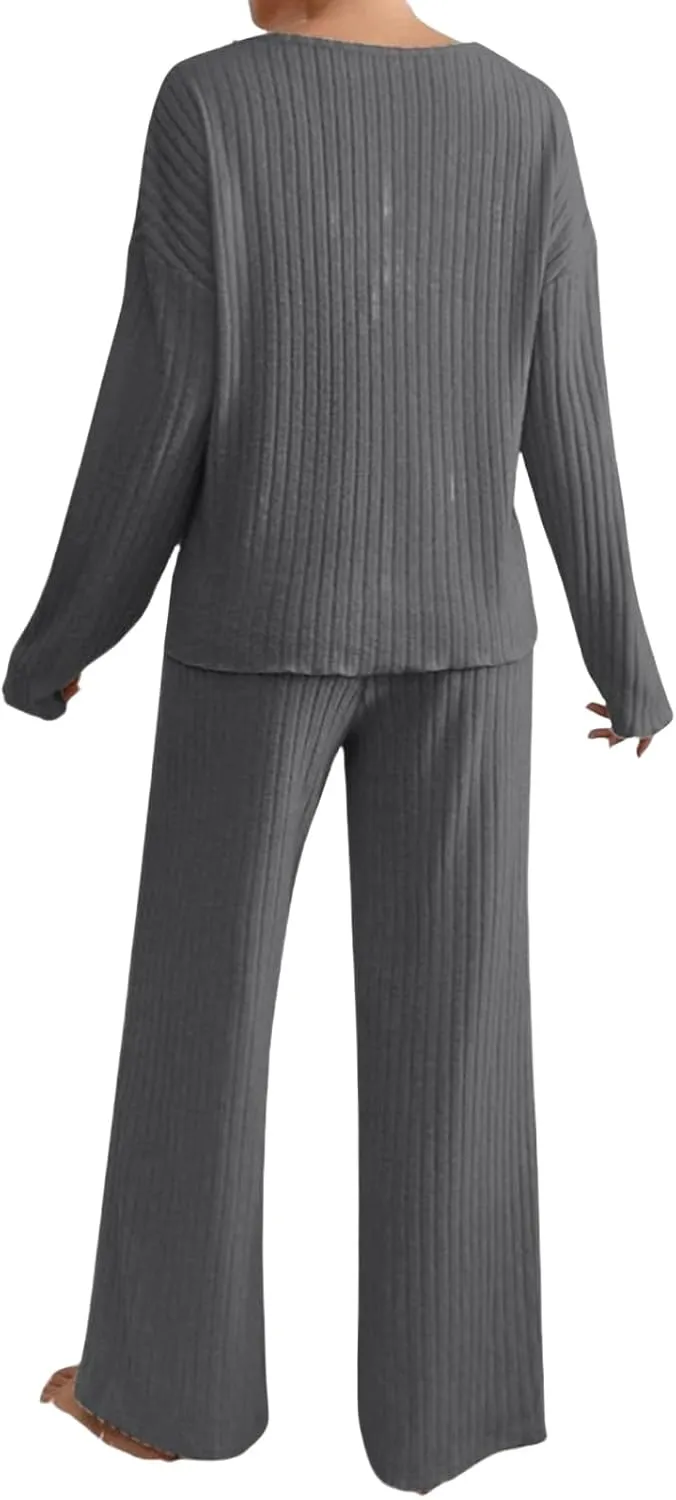 Canbebig 2 Piece Sets for Women Fall Knit Sweat Sets V Neck Tops and Wide Leg Pants Sets Matching Lounge Sets Loungewear