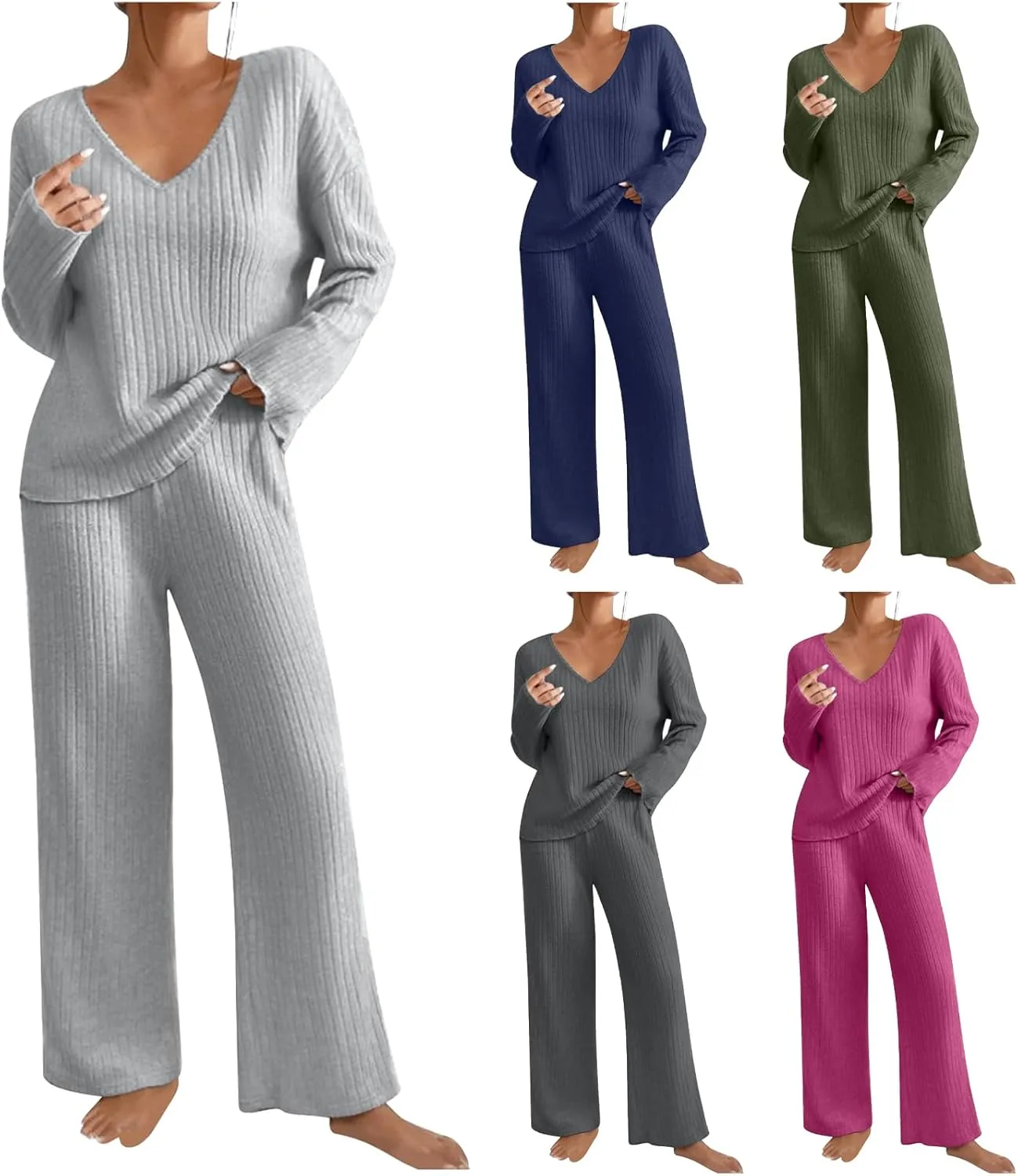 Canbebig 2 Piece Sets for Women Fall Knit Sweat Sets V Neck Tops and Wide Leg Pants Sets Matching Lounge Sets Loungewear