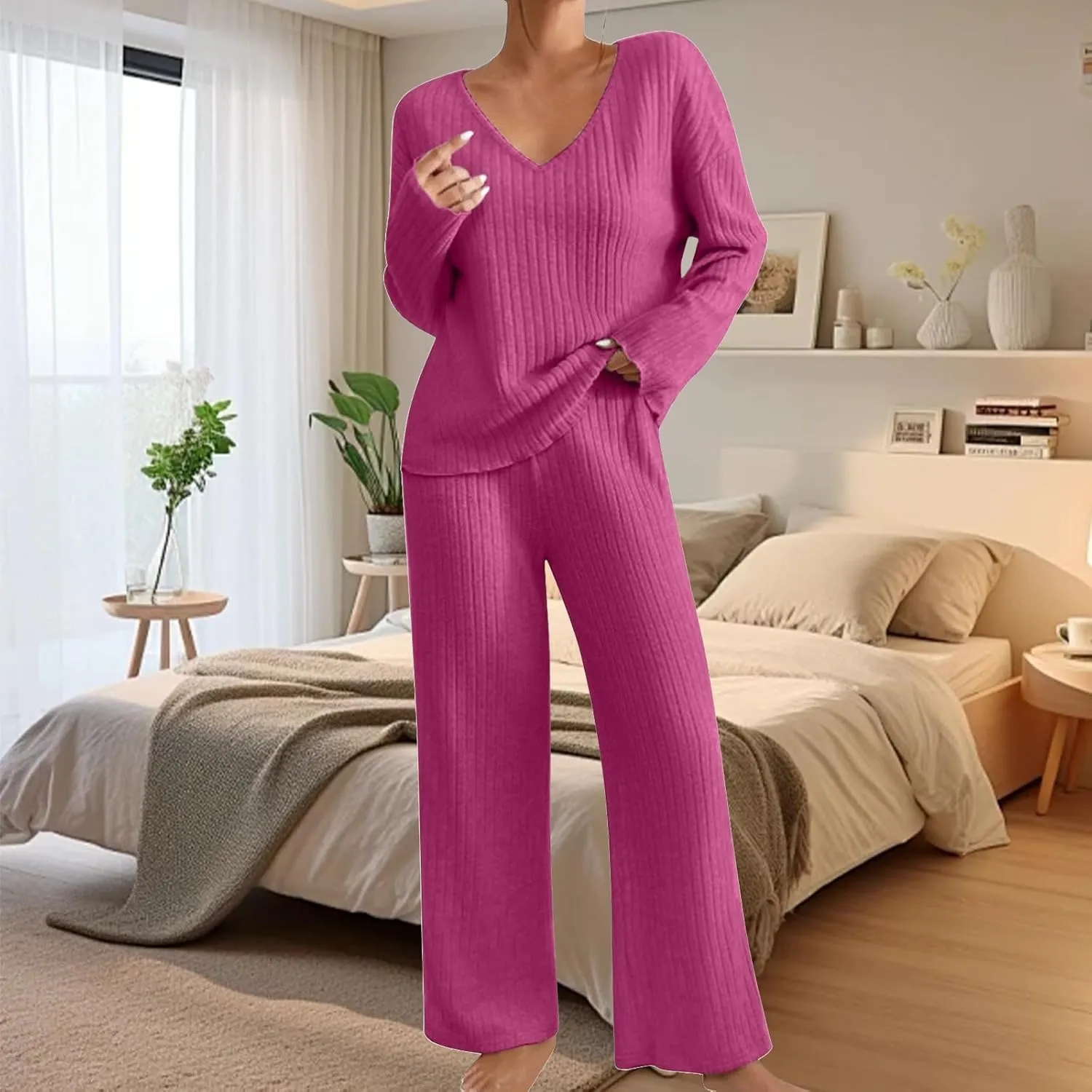 Canbebig 2 Piece Sets for Women Fall Knit Sweat Sets V Neck Tops and Wide Leg Pants Sets Matching Lounge Sets Loungewear