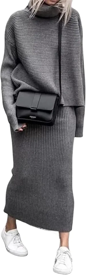 Canbebig 2 Piece Sweater Skirt Sets for Women Lounge Knit Sets Turtleneck Sweater and Midi Skirts Sets Casual Fall Outfits