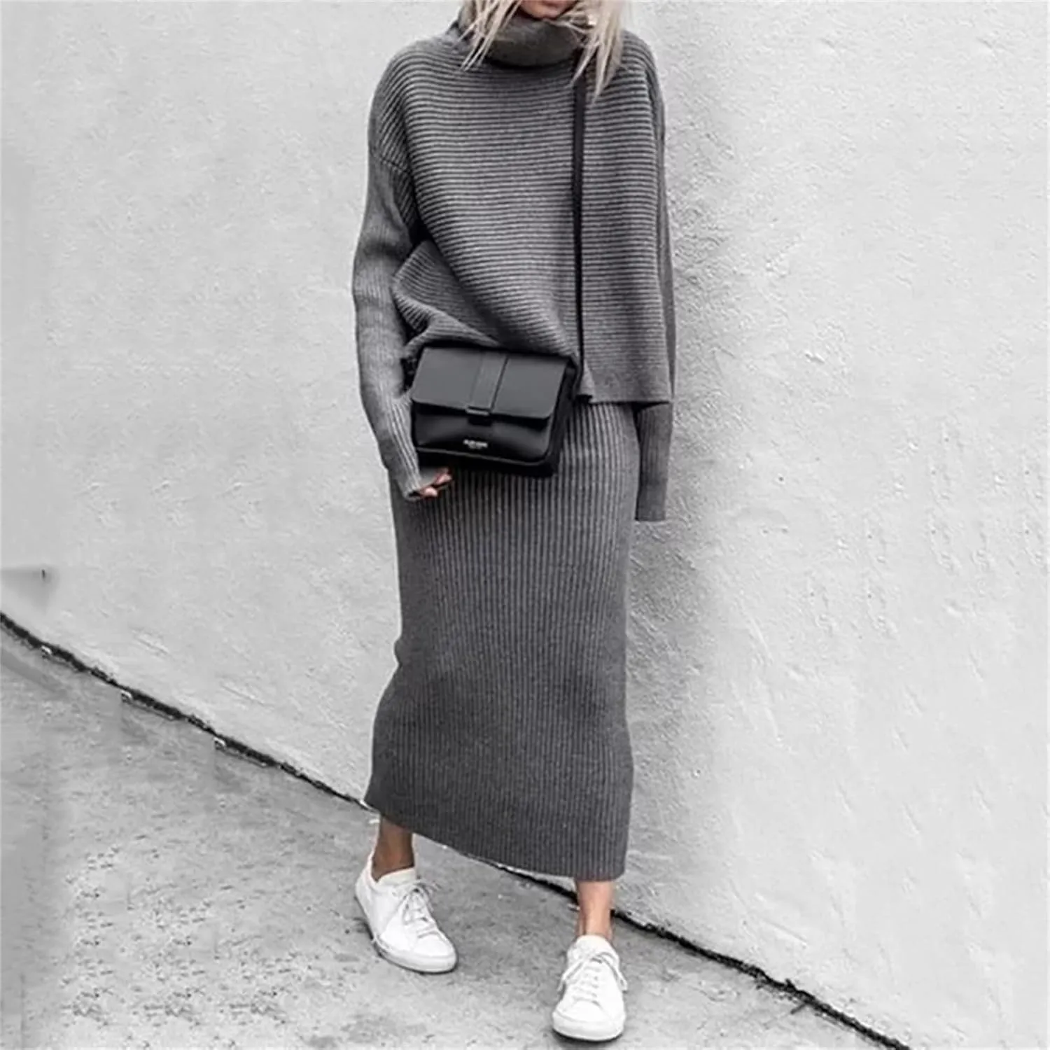 Canbebig 2 Piece Sweater Skirt Sets for Women Lounge Knit Sets Turtleneck Sweater and Midi Skirts Sets Casual Fall Outfits