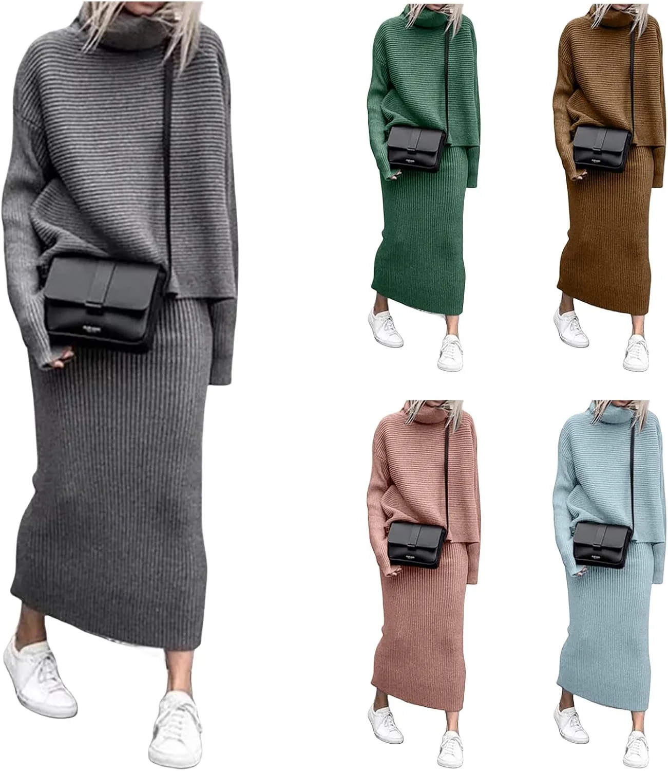 Canbebig 2 Piece Sweater Skirt Sets for Women Lounge Knit Sets Turtleneck Sweater and Midi Skirts Sets Casual Fall Outfits