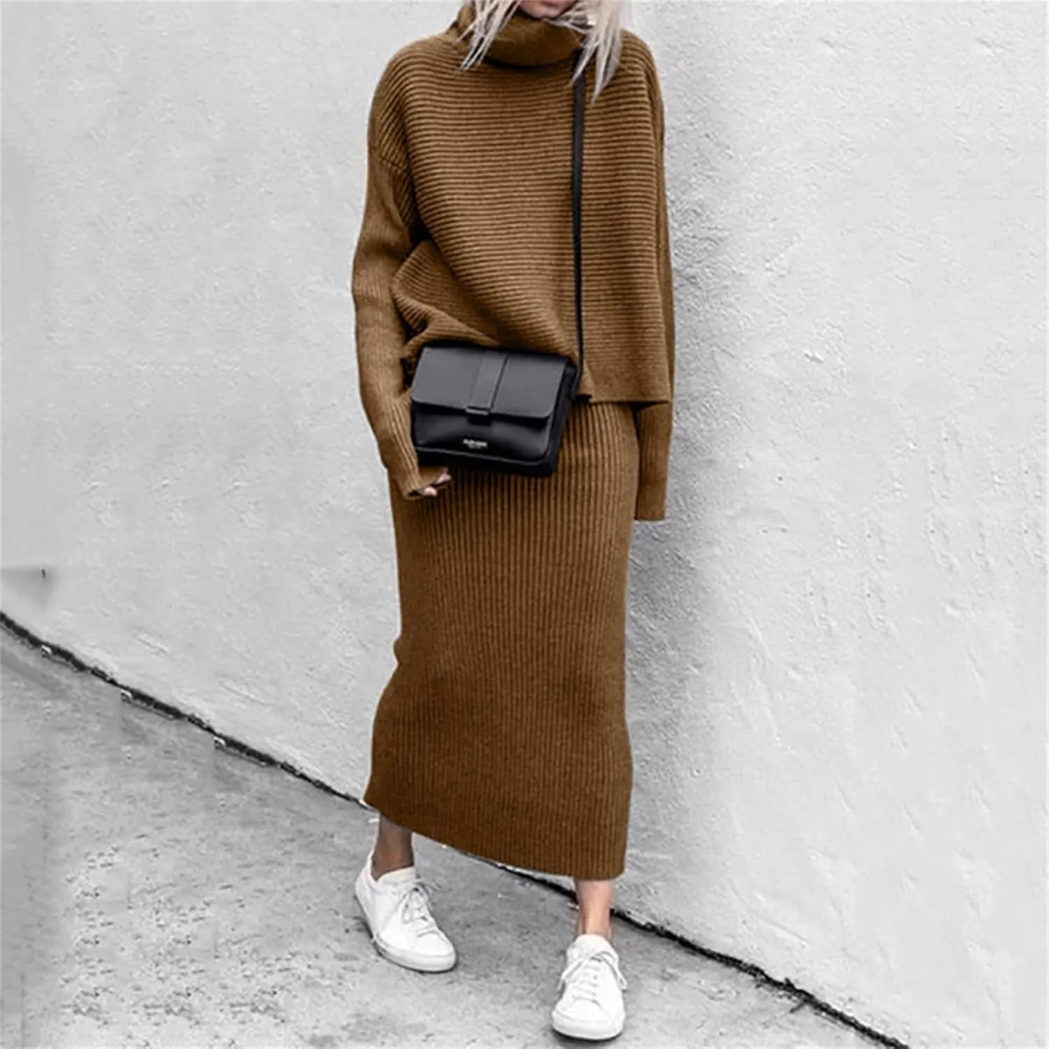 Canbebig 2 Piece Sweater Skirt Sets for Women Lounge Knit Sets Turtleneck Sweater and Midi Skirts Sets Casual Fall Outfits