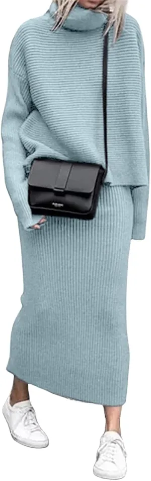 Canbebig 2 Piece Sweater Skirt Sets for Women Lounge Knit Sets Turtleneck Sweater and Midi Skirts Sets Casual Fall Outfits