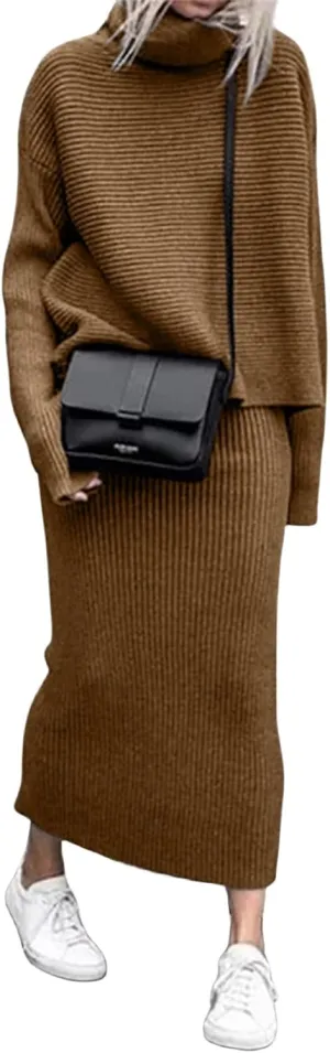 Canbebig 2 Piece Sweater Skirt Sets for Women Lounge Knit Sets Turtleneck Sweater and Midi Skirts Sets Casual Fall Outfits