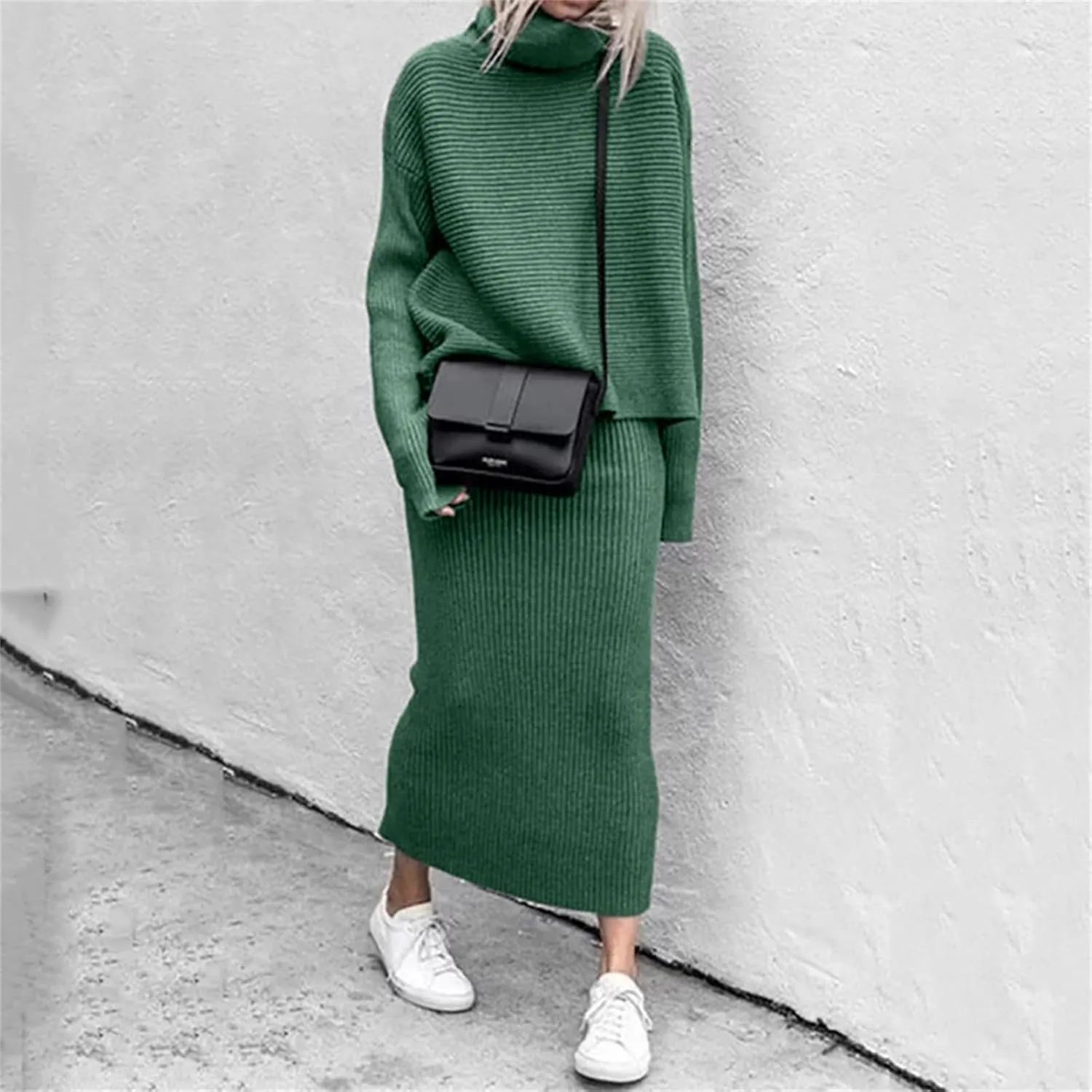 Canbebig 2 Piece Sweater Skirt Sets for Women Lounge Knit Sets Turtleneck Sweater and Midi Skirts Sets Casual Fall Outfits