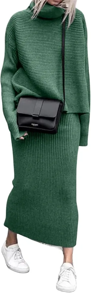 Canbebig 2 Piece Sweater Skirt Sets for Women Lounge Knit Sets Turtleneck Sweater and Midi Skirts Sets Casual Fall Outfits