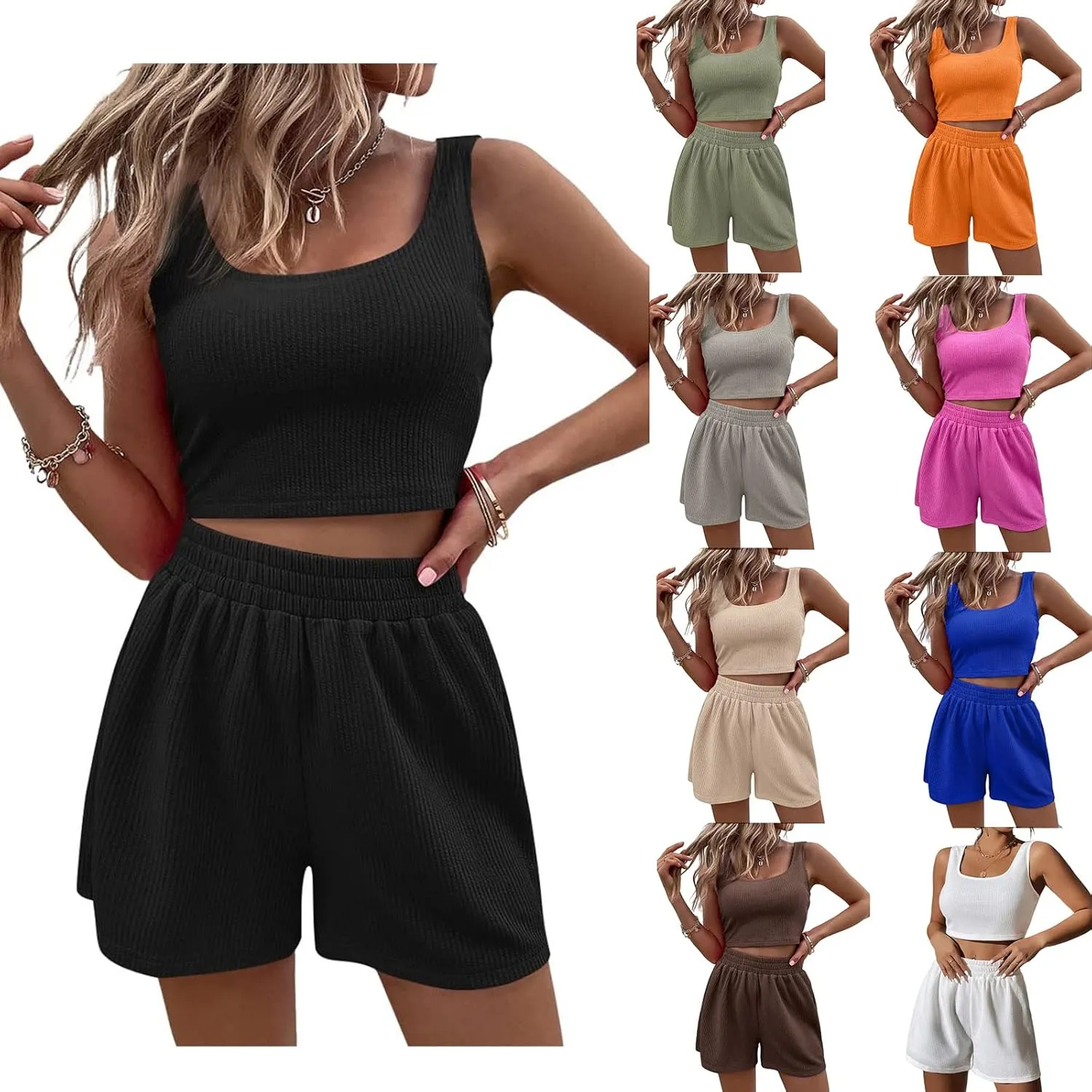 Canbebig Two Piece Sets for Women Summer Ribbed Knit Sets Sleeveless Crop Tank Tops and Shorts Sets Matching Sets Loungewear