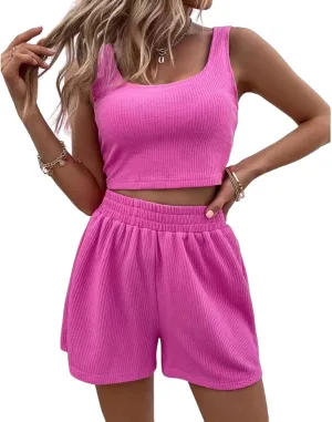 Canbebig Two Piece Sets for Women Summer Ribbed Knit Sets Sleeveless Crop Tank Tops and Shorts Sets Matching Sets Loungewear