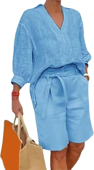 Canbebig Womens 2 Piece Sets Cotton Linen Sets 3/4 Sleeve V Neck Top and High Waisted Shorts Sets Matching Sets with Pockets