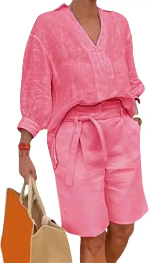 Canbebig Womens 2 Piece Sets Cotton Linen Sets 3/4 Sleeve V Neck Top and High Waisted Shorts Sets Matching Sets with Pockets