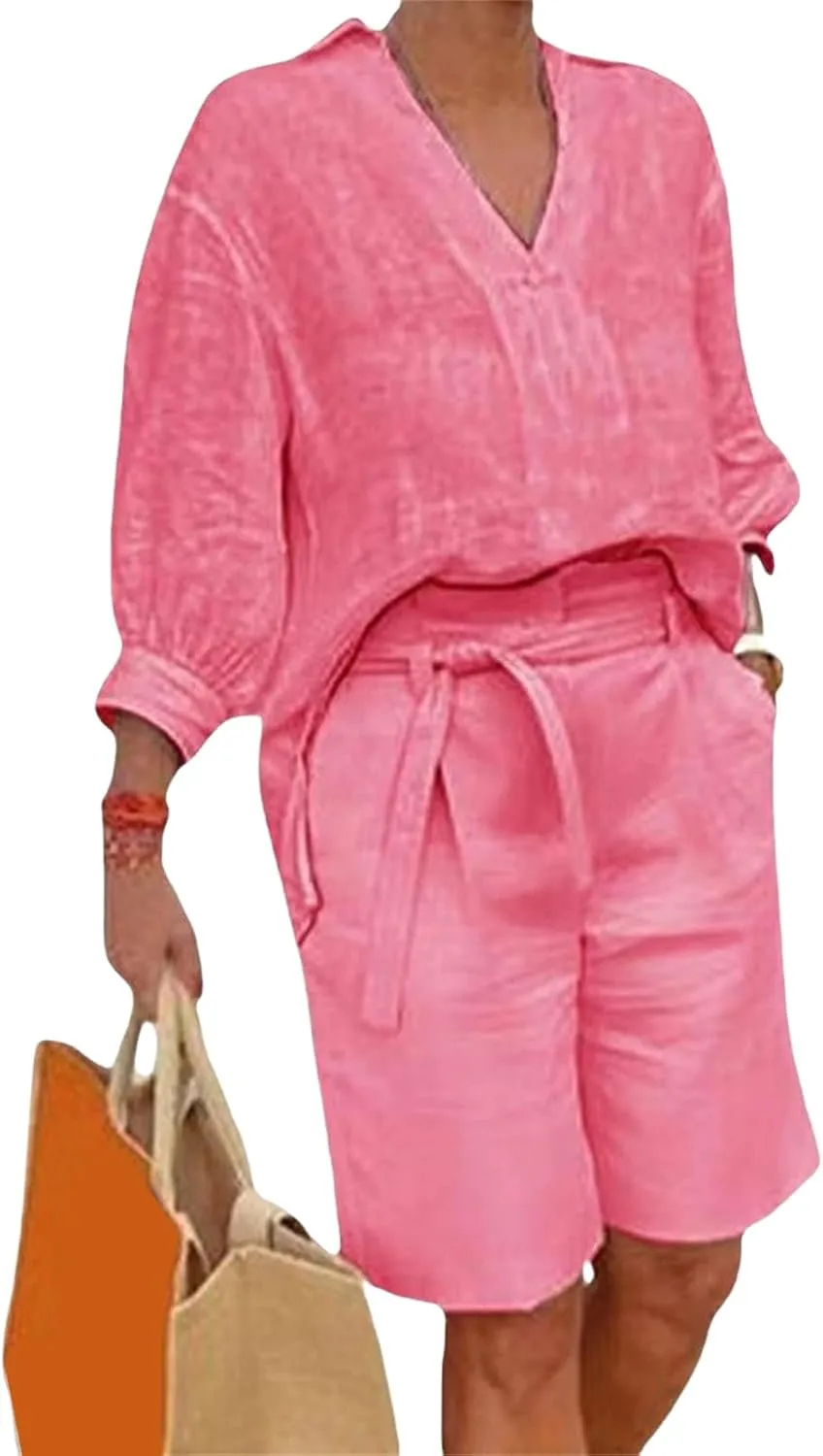 Canbebig Womens 2 Piece Sets Cotton Linen Sets 3/4 Sleeve V Neck Top and High Waisted Shorts Sets Matching Sets with Pockets