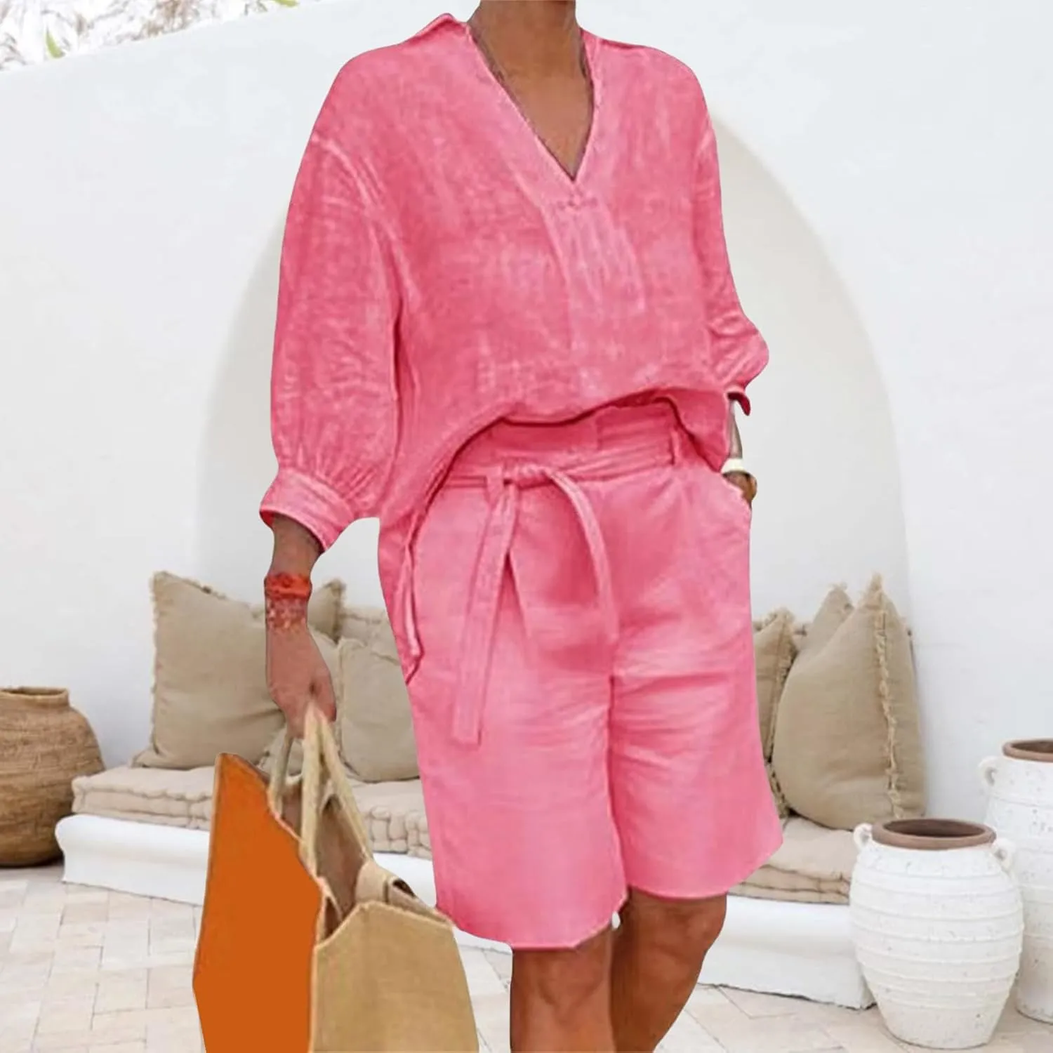 Canbebig Womens 2 Piece Sets Cotton Linen Sets 3/4 Sleeve V Neck Top and High Waisted Shorts Sets Matching Sets with Pockets